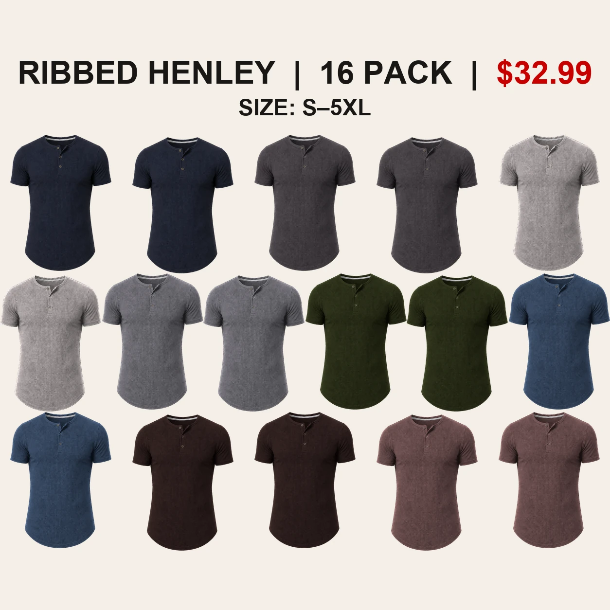 Sixteen-pack Core Neutral Rotation slim fit ribbed Henley mix