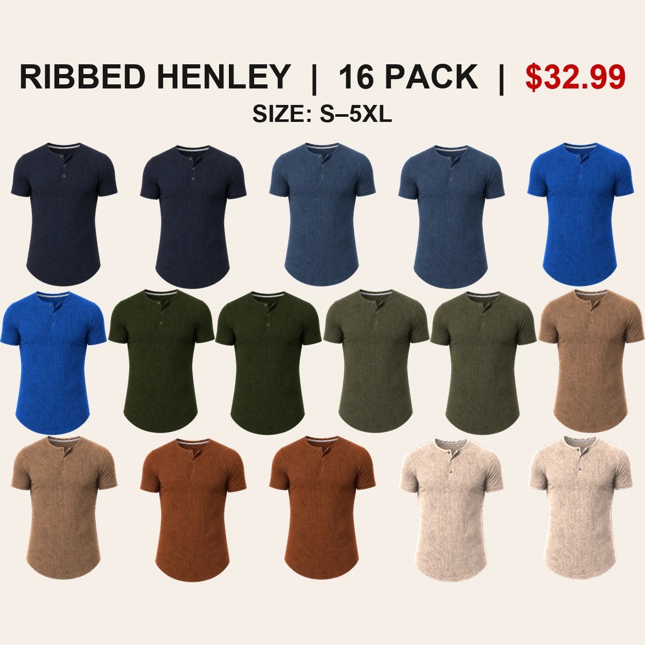 Sixteen-pack Earth and Blue Rotation slim fit ribbed Henley mix