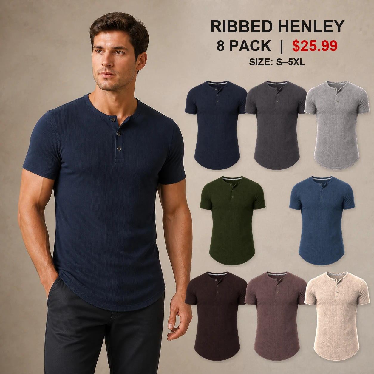Men's Ribbed Henley eight-pack main cover in approved neutral colors