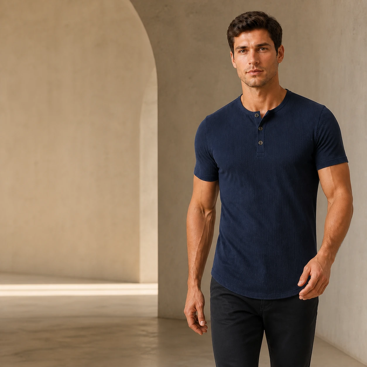 No-text secondary cover with a male model wearing the Midnight Navy Henley