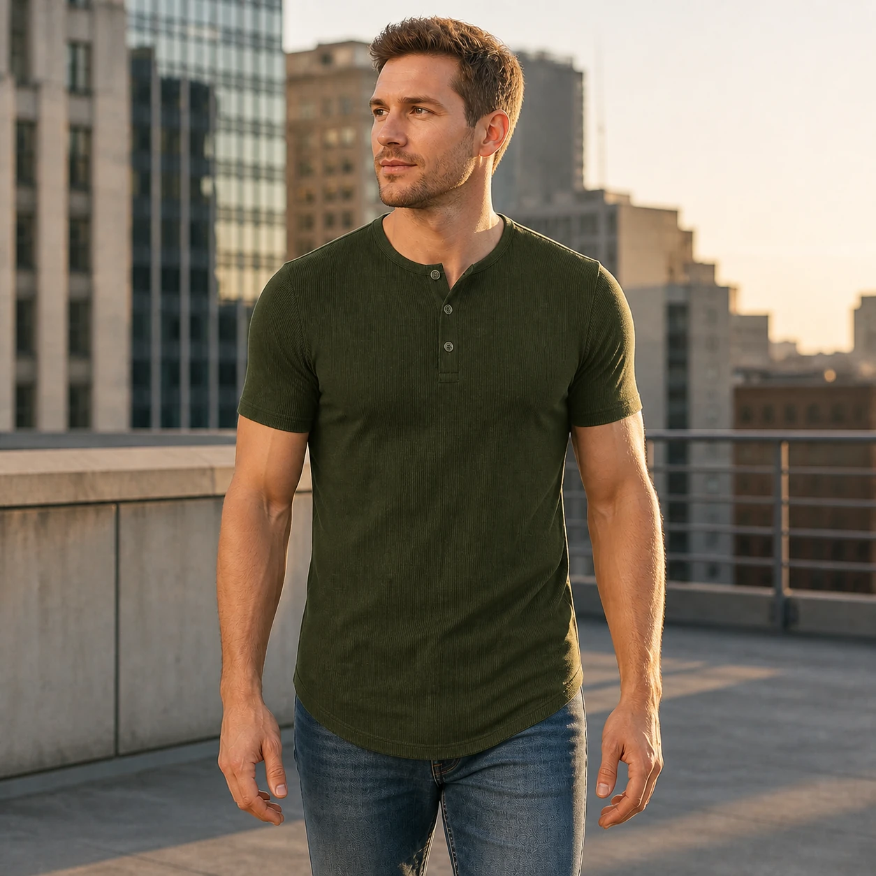 Male model wearing the Deep Olive slim fit ribbed Henley on a city rooftop