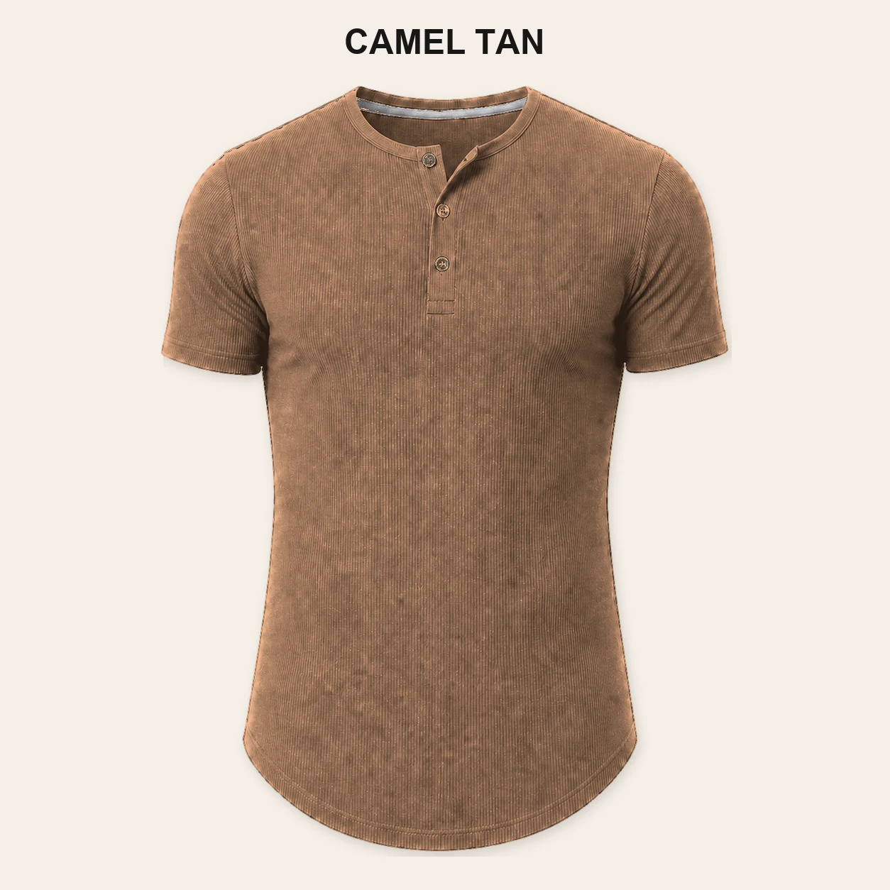 Single Camel Tan slim fit ribbed Henley T-shirt