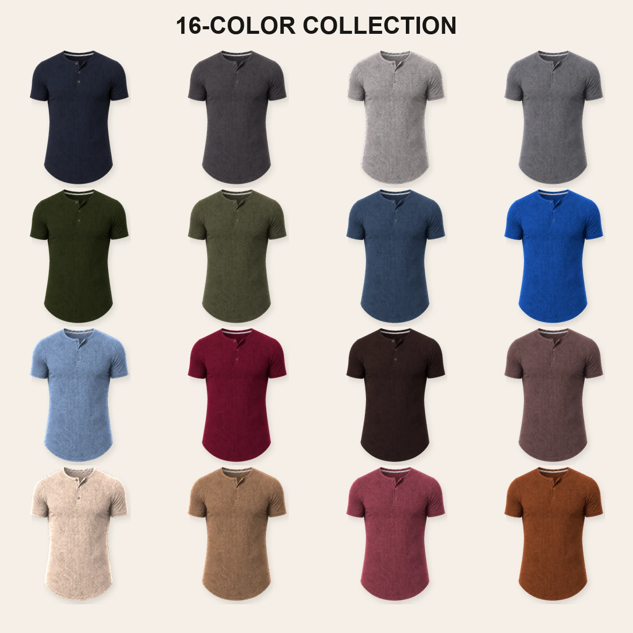 Overview of all sixteen approved slim fit ribbed Henley colors
