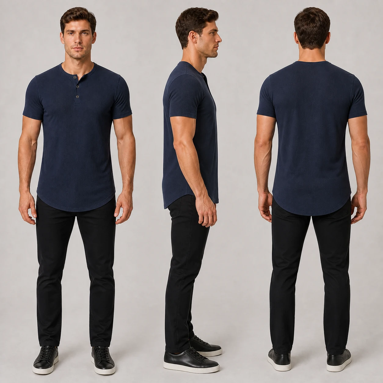 Front side and back views of the Midnight Navy slim fit ribbed Henley