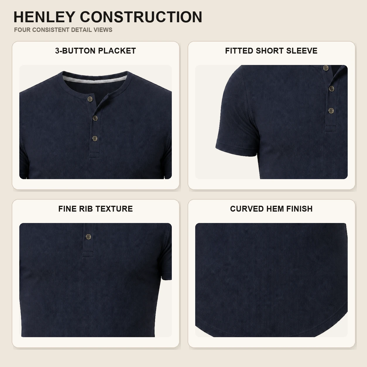 Four uniform close-up views of Henley buttons sleeve rib texture and curved hem
