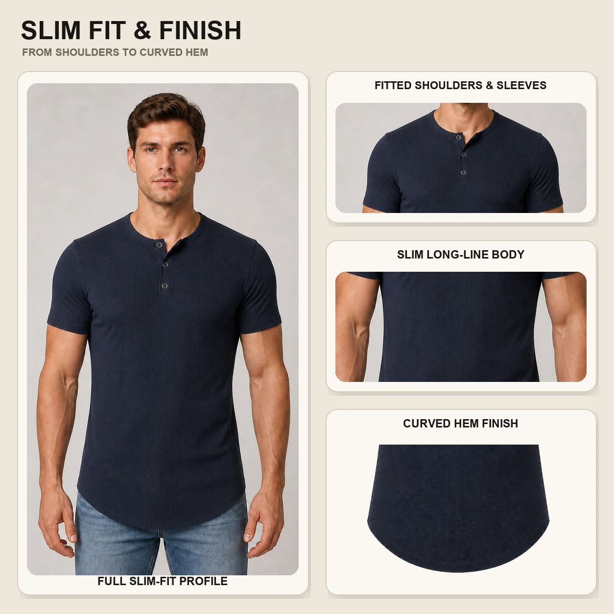 Slim fit shoulder sleeve torso and curved hem detail layout