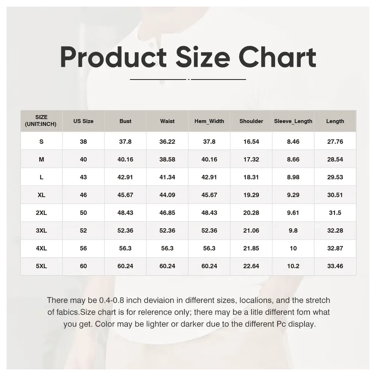 Men's slim fit ribbed Henley size chart from S to 5XL