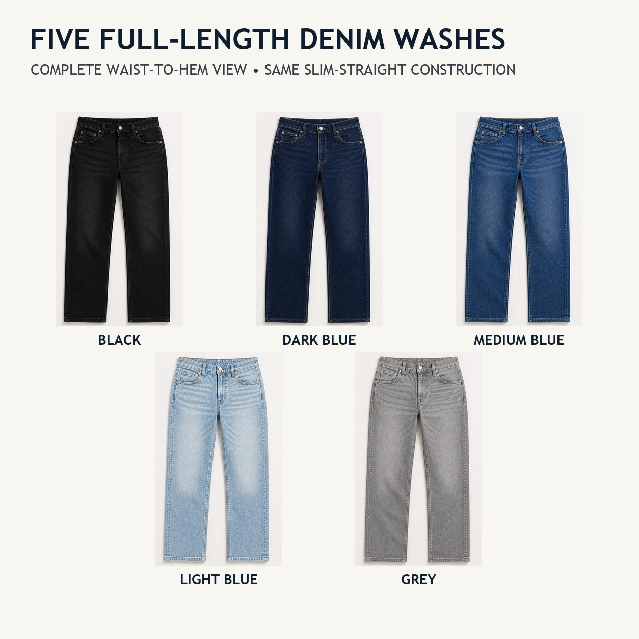 Five full-length washes of men's Slim Straight jeans