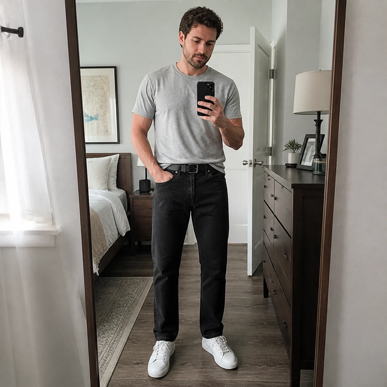 Black Slim Straight jeans in a casual bedroom mirror phone photo