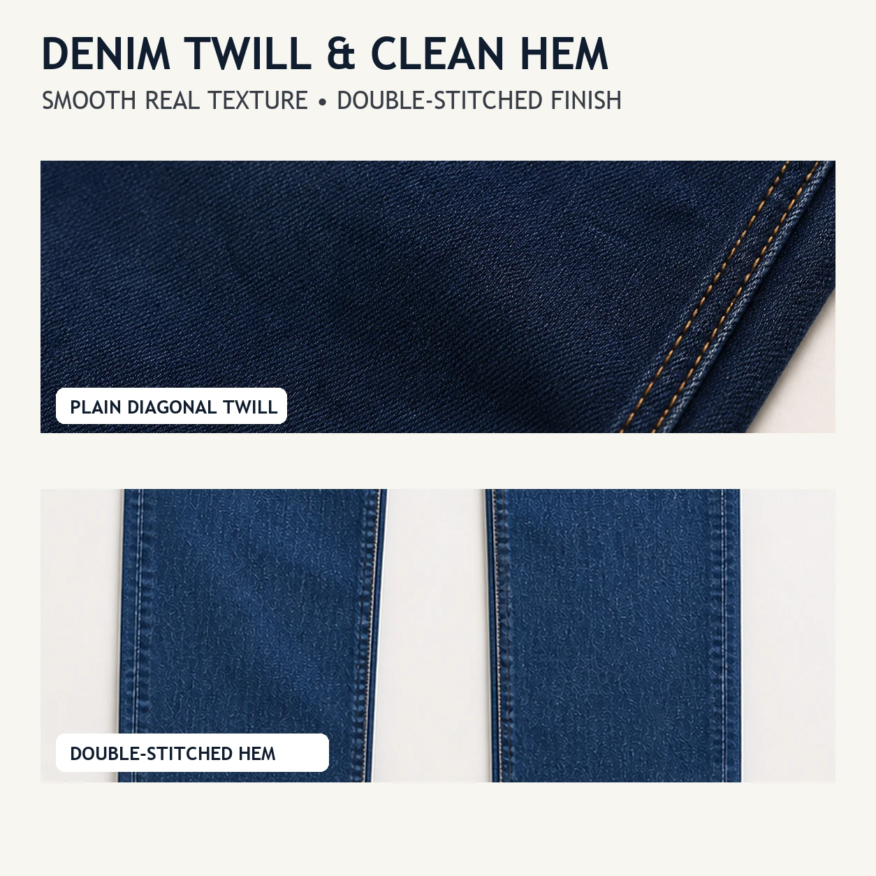 Smooth denim twill and double-stitched hem details