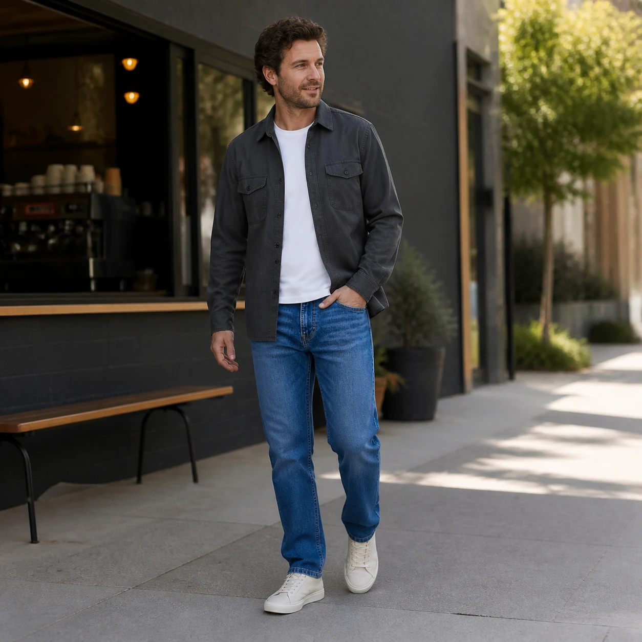 Men wearing Medium Blue Slim Straight jeans outside a coffee shop