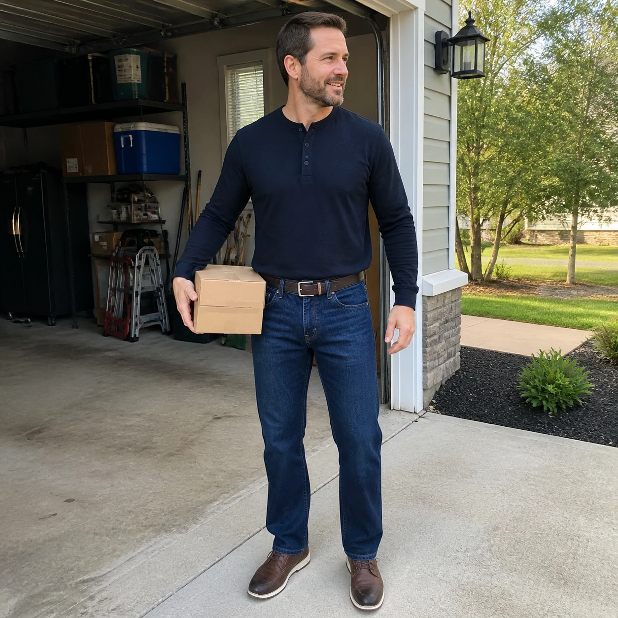 Dark Blue Slim Straight jeans in a driveway and garage phone photo