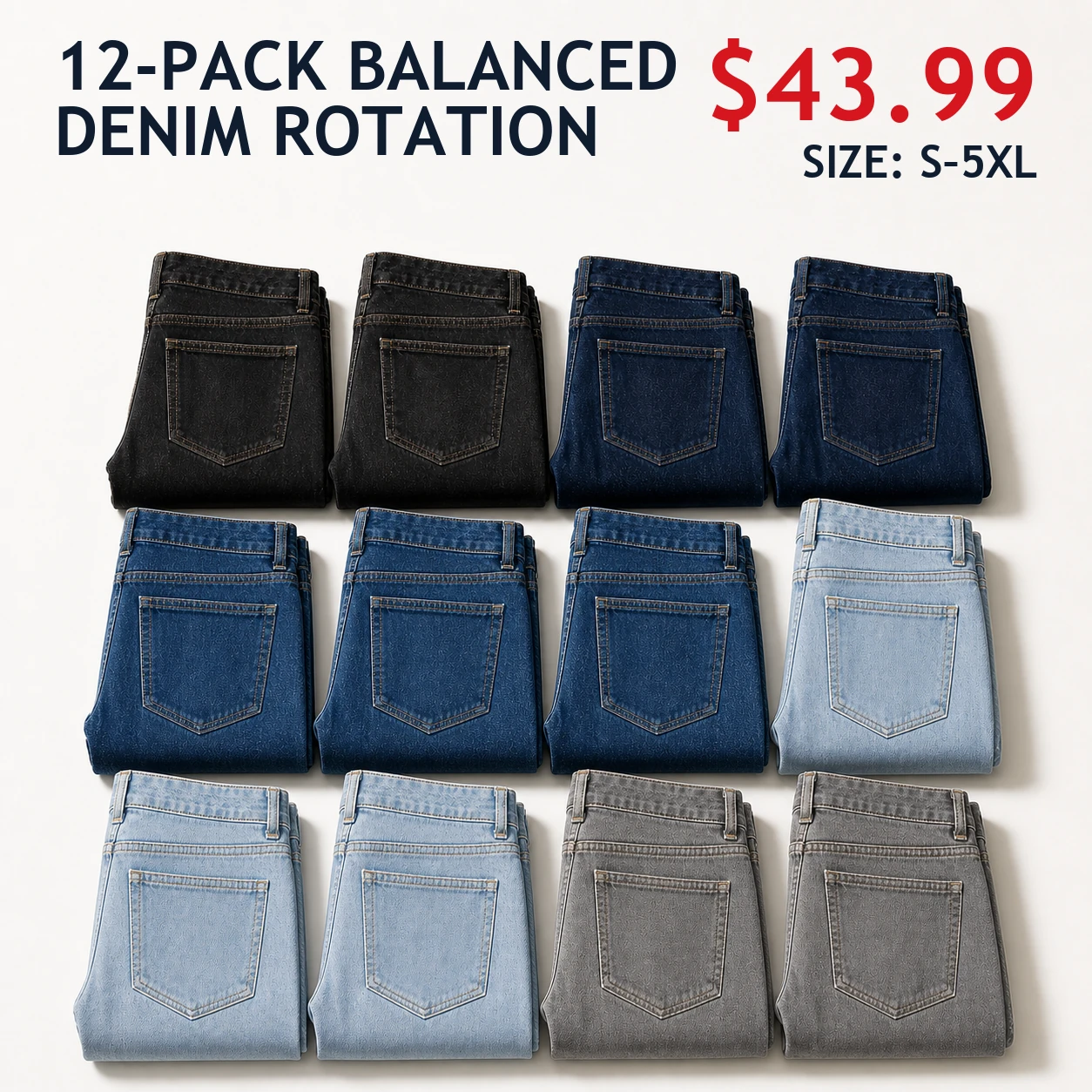 Twelve-pack Balanced Denim Rotation men's Slim Straight jeans mix