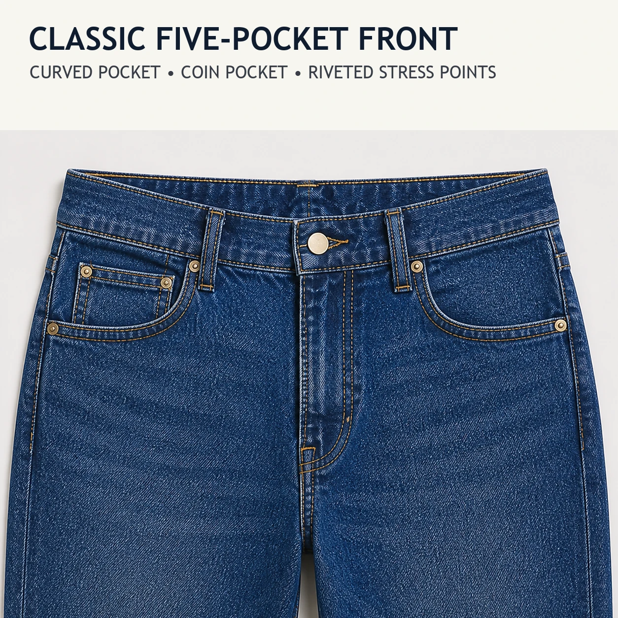 Smooth front five-pocket jeans construction with coin pocket and rivets
