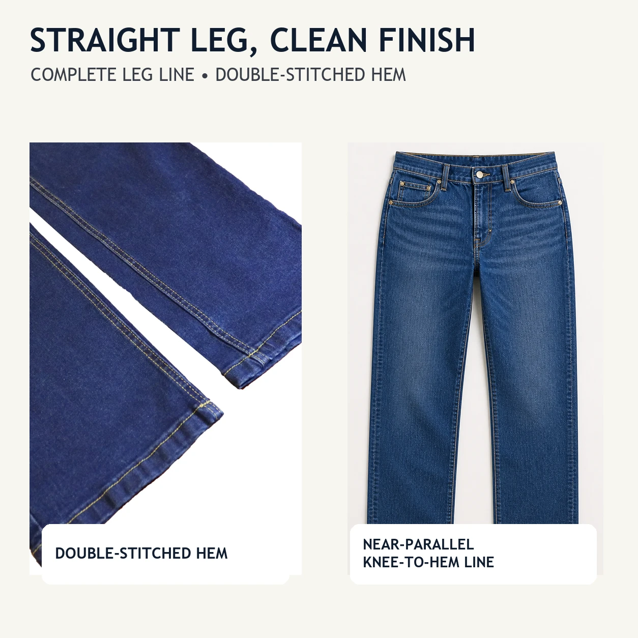 Straight leg line and double-stitched hem details