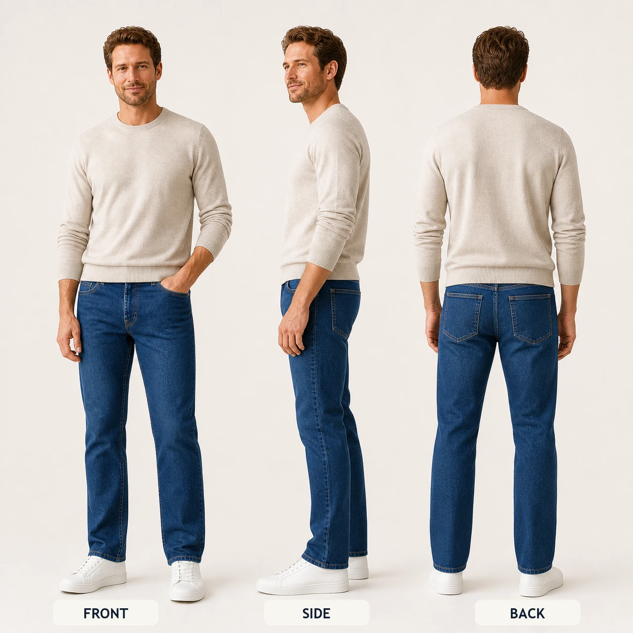 Front side and back fit views of Medium Blue Slim Straight jeans