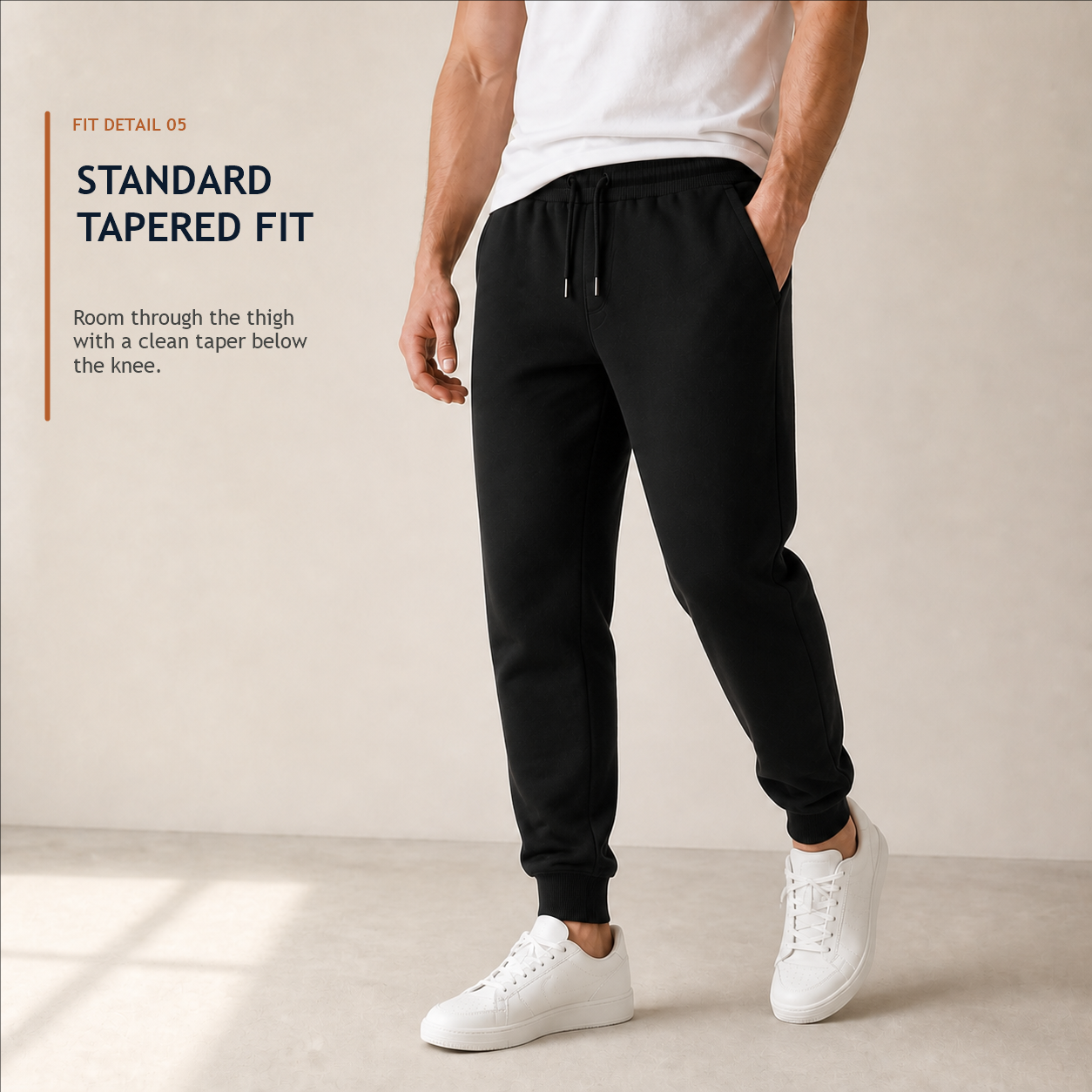 Standard tapered jogger fit with room through seat thigh and knee