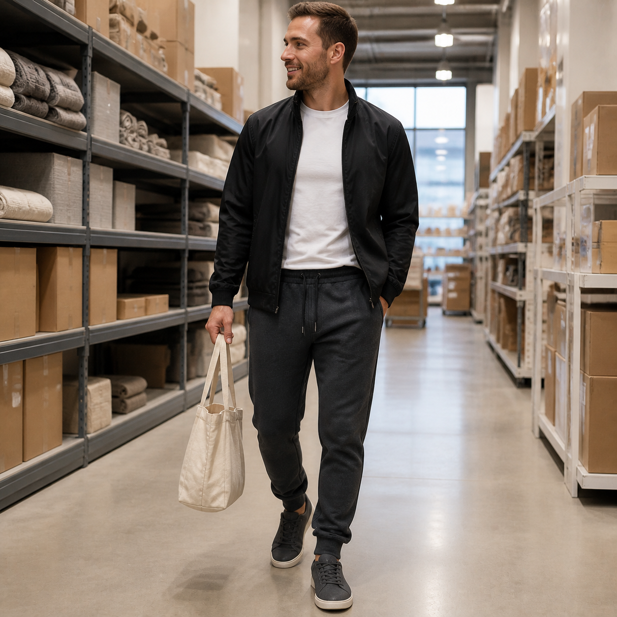 Charcoal jogger sweatpants in a casual work setting