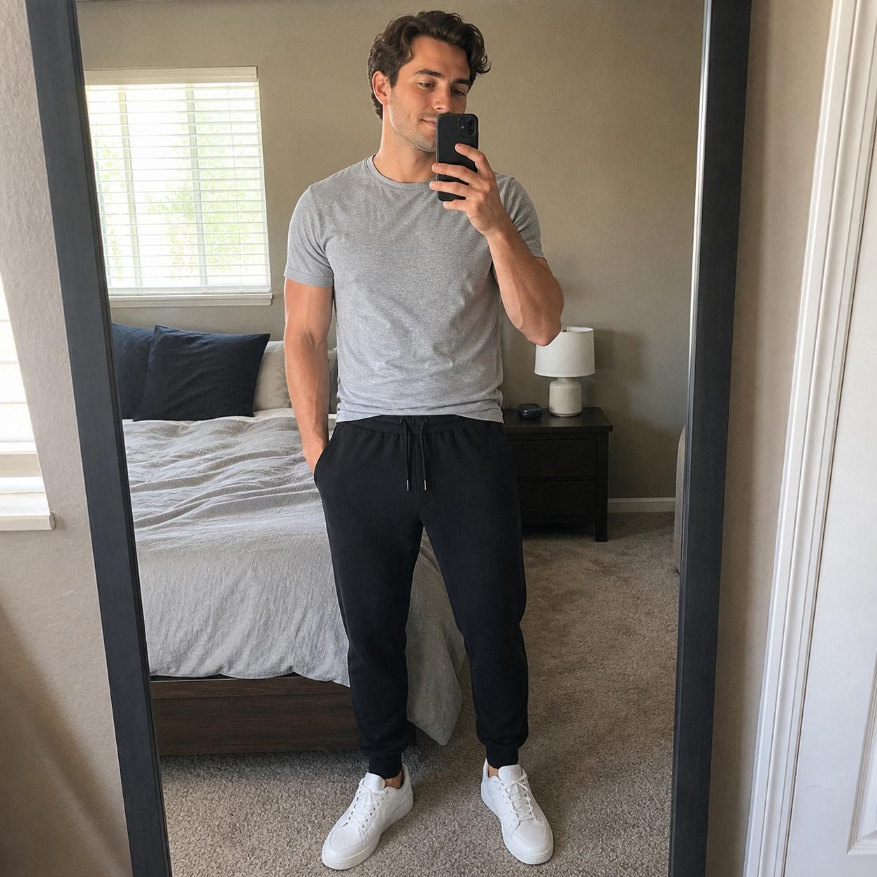Black jogger sweatpants in a casual home setting