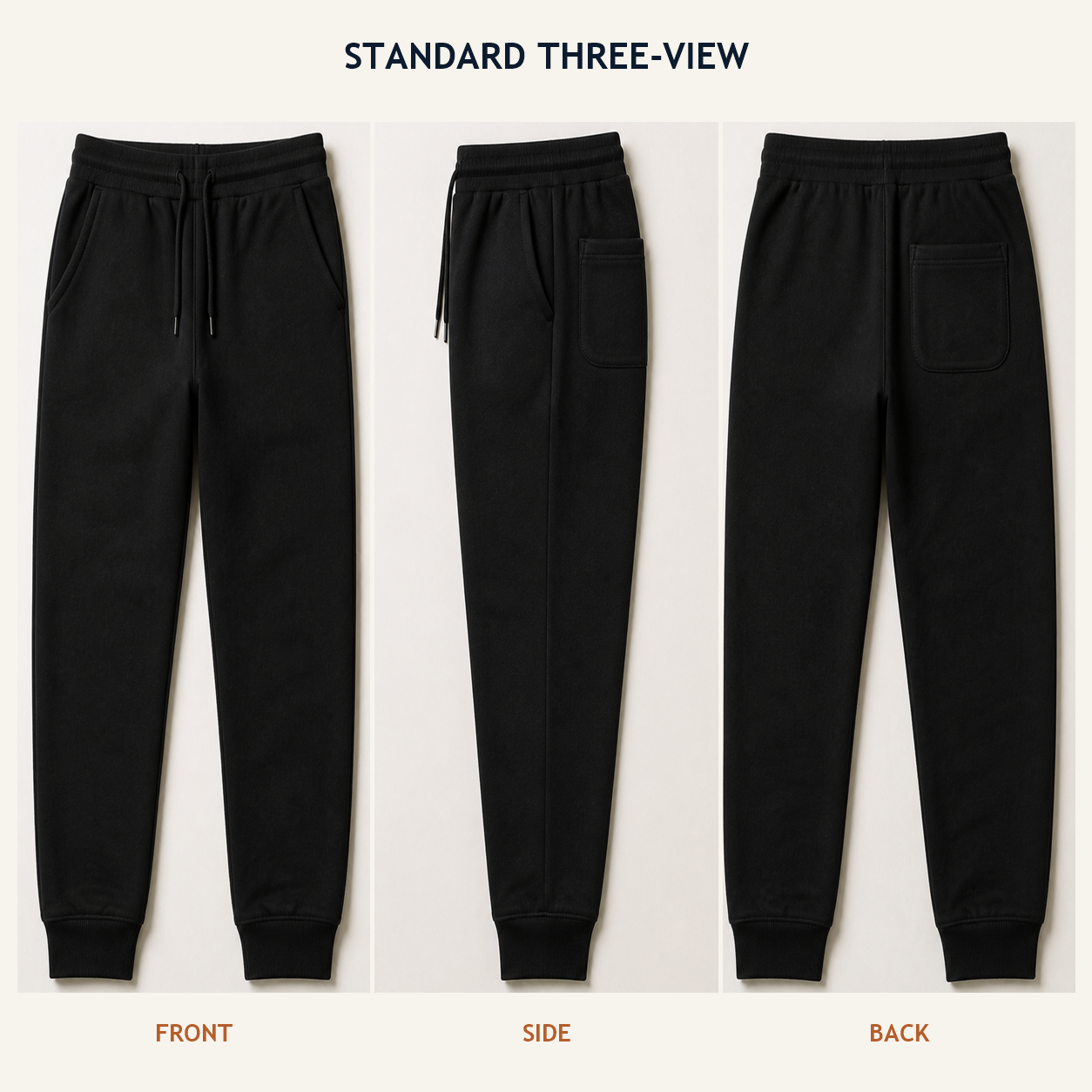 Front, side, and back views of the standard tapered joggers