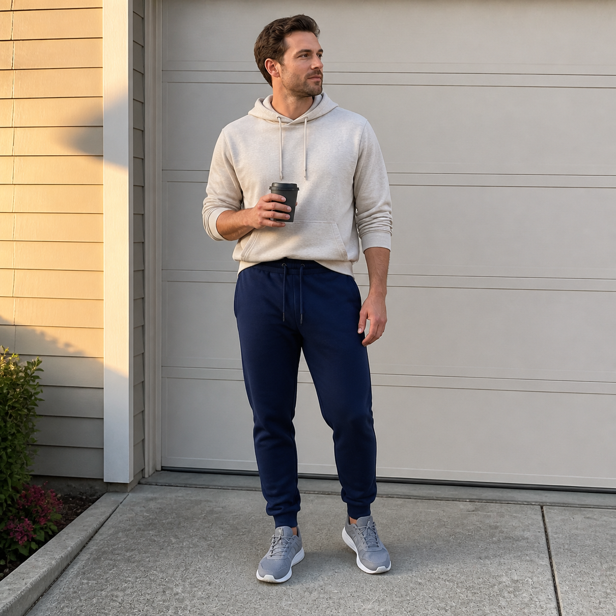 Navy jogger sweatpants in an everyday outdoor setting