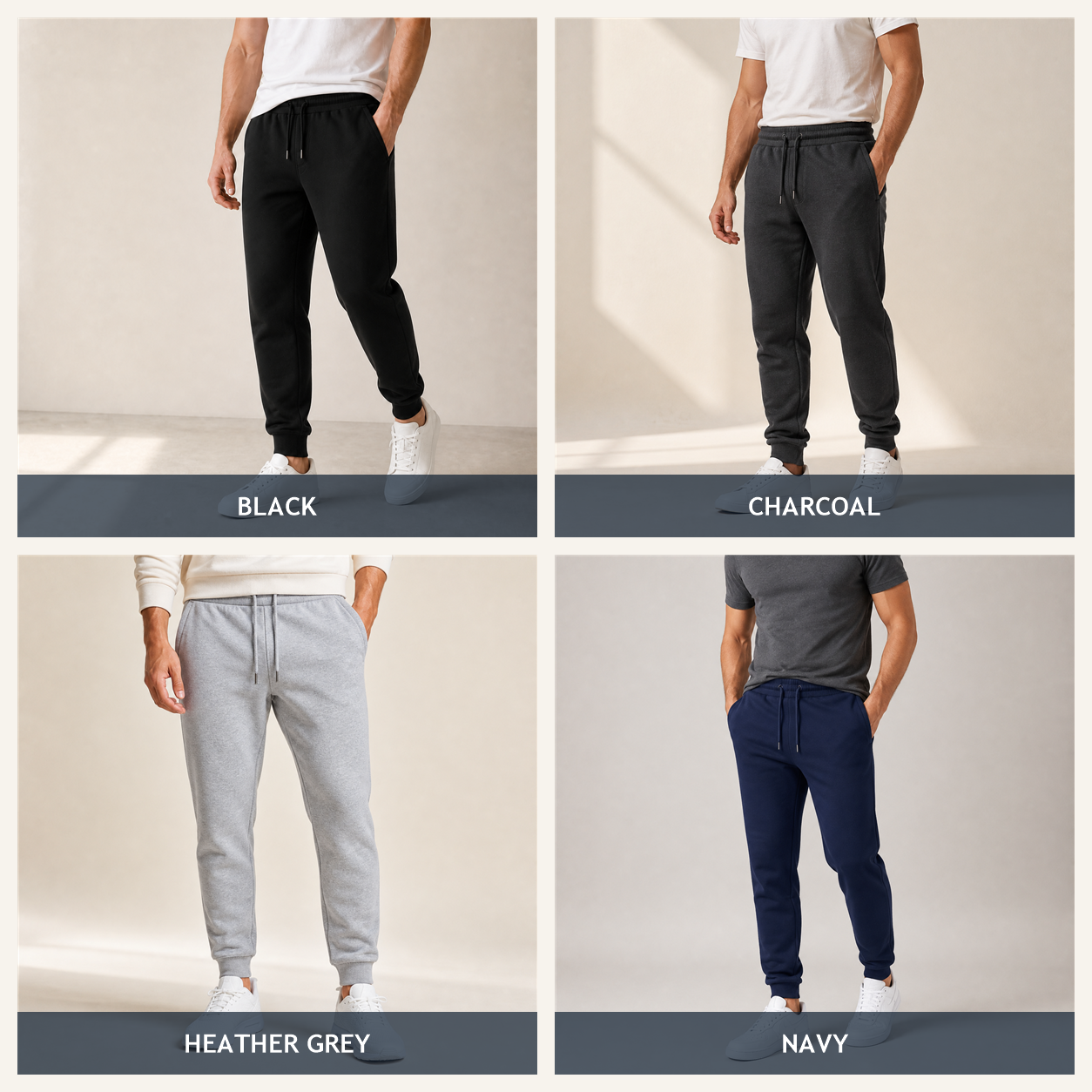 Black, Charcoal, Heather Grey, and Navy jogger sweatpants