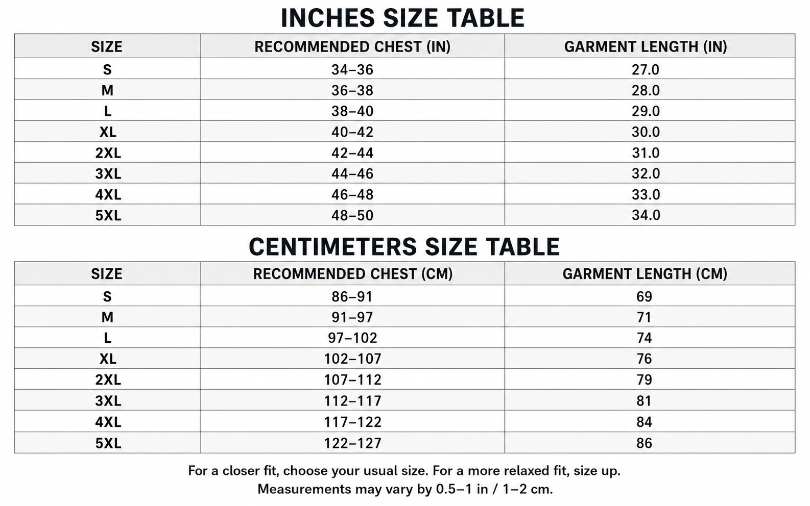 Men's athletic tank top S to 5XL size chart in inches and centimeters