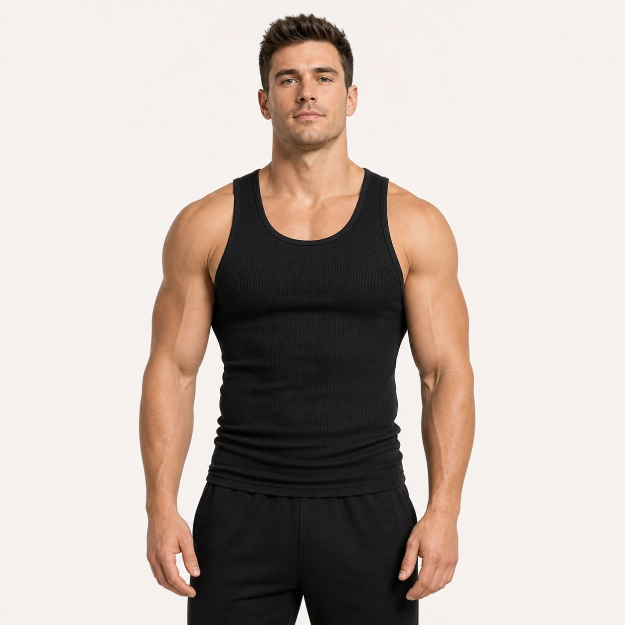 Front view of a fitness model wearing the Black ribbed tank top