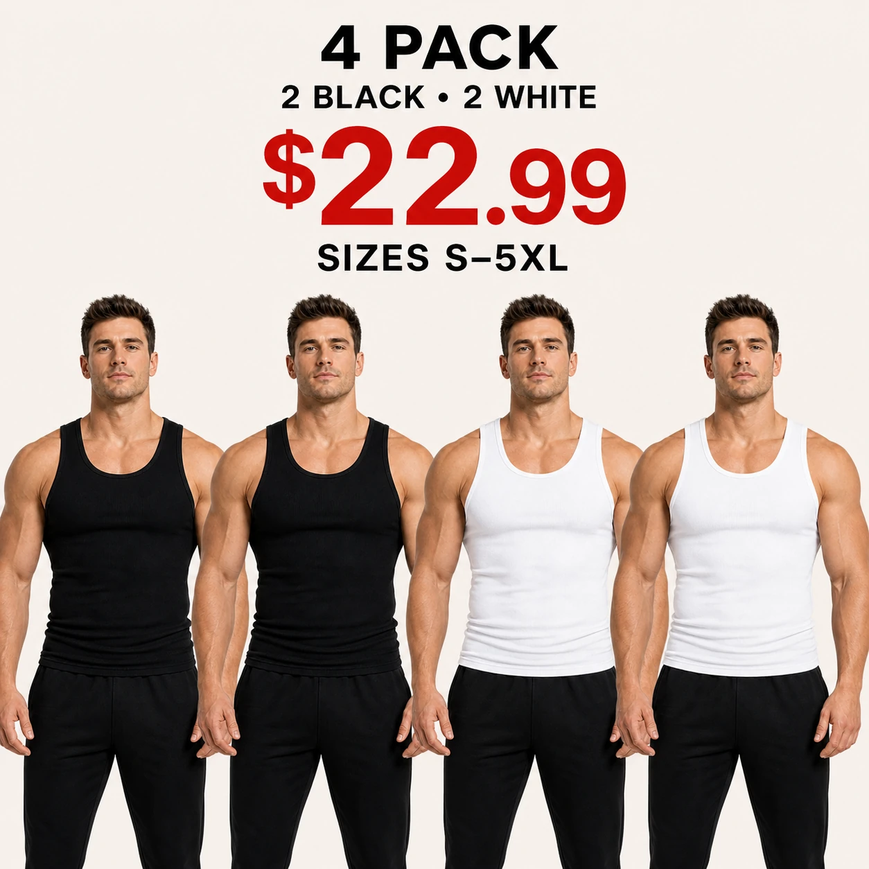 Four-pack with two Black and two White tank tops