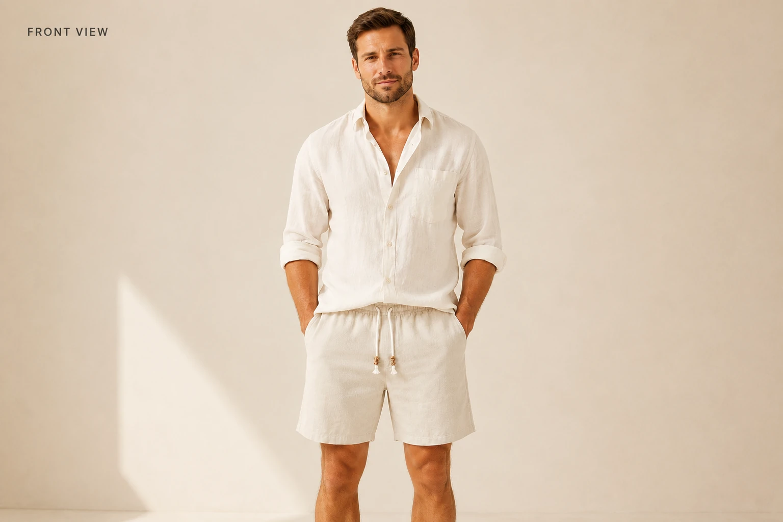 Front view of the relaxed cotton linen shorts