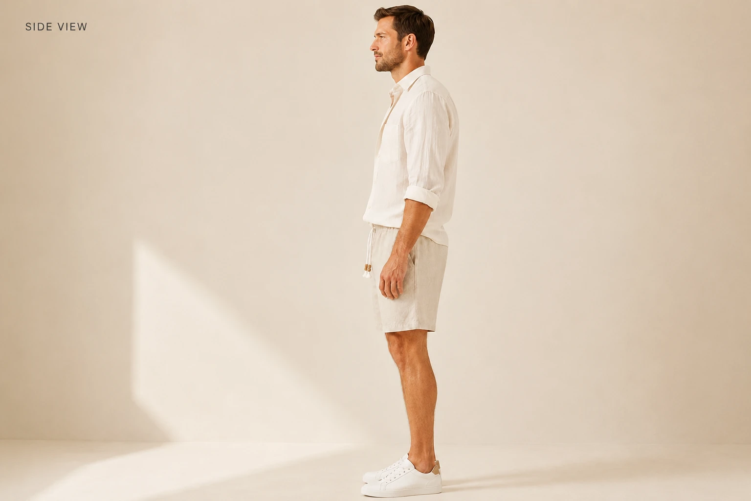 Side view of the relaxed cotton linen shorts