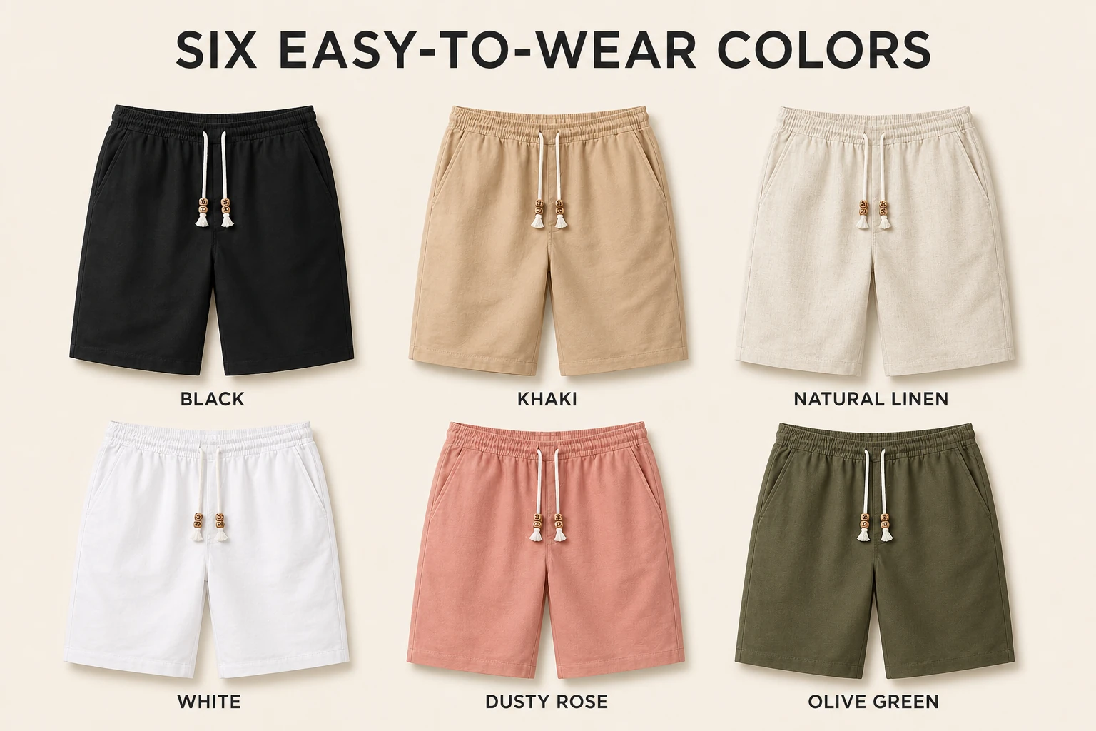 Six versatile colors of cotton linen shorts