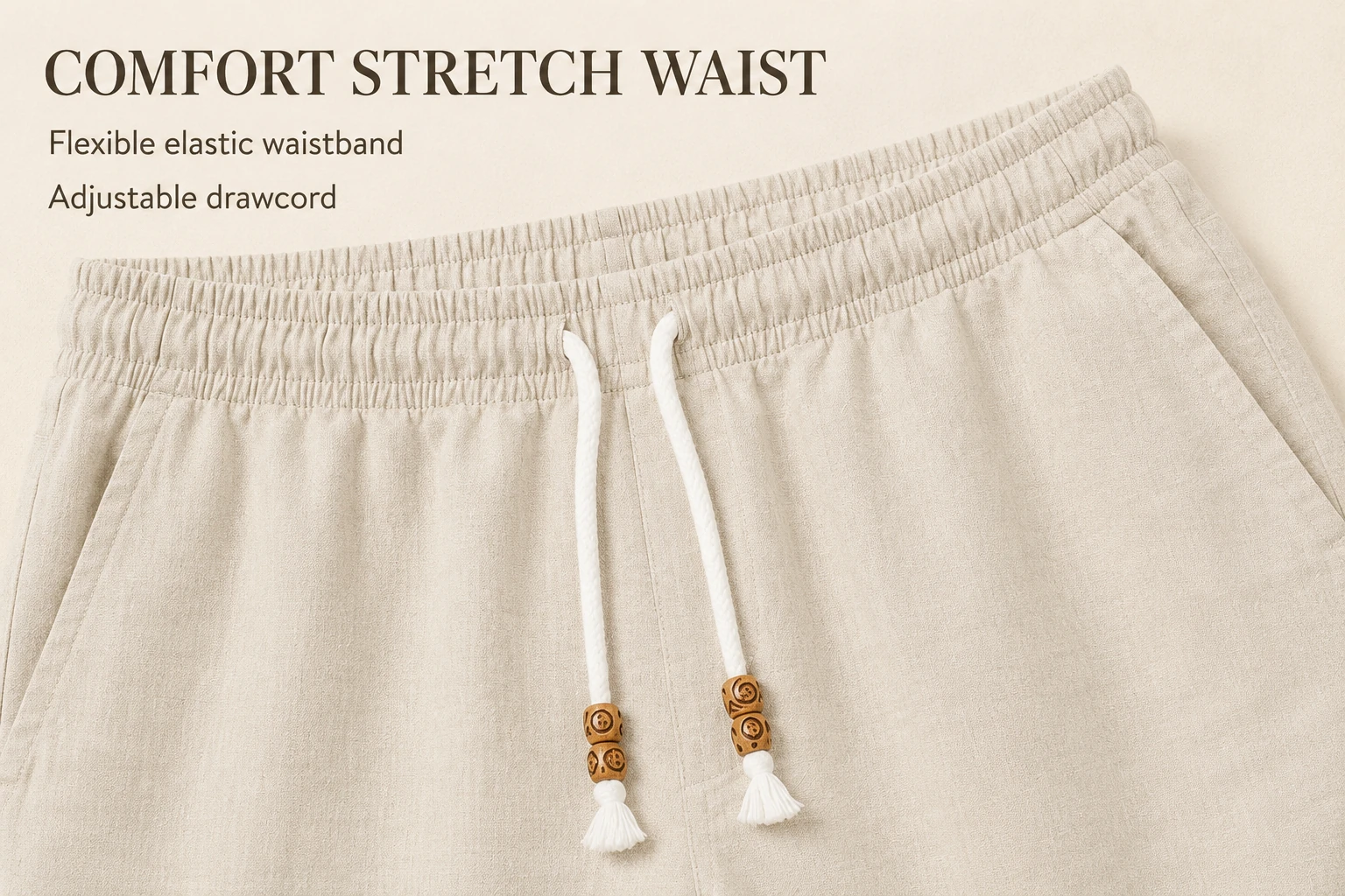Elastic waistband and adjustable drawcord detail