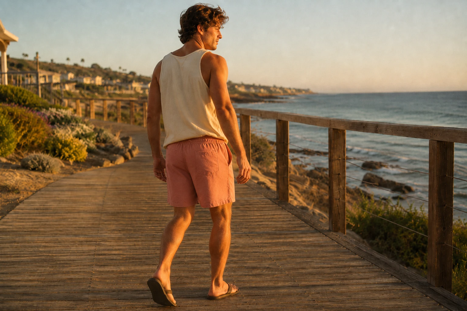 Dusty Rose shorts on a summer boardwalk