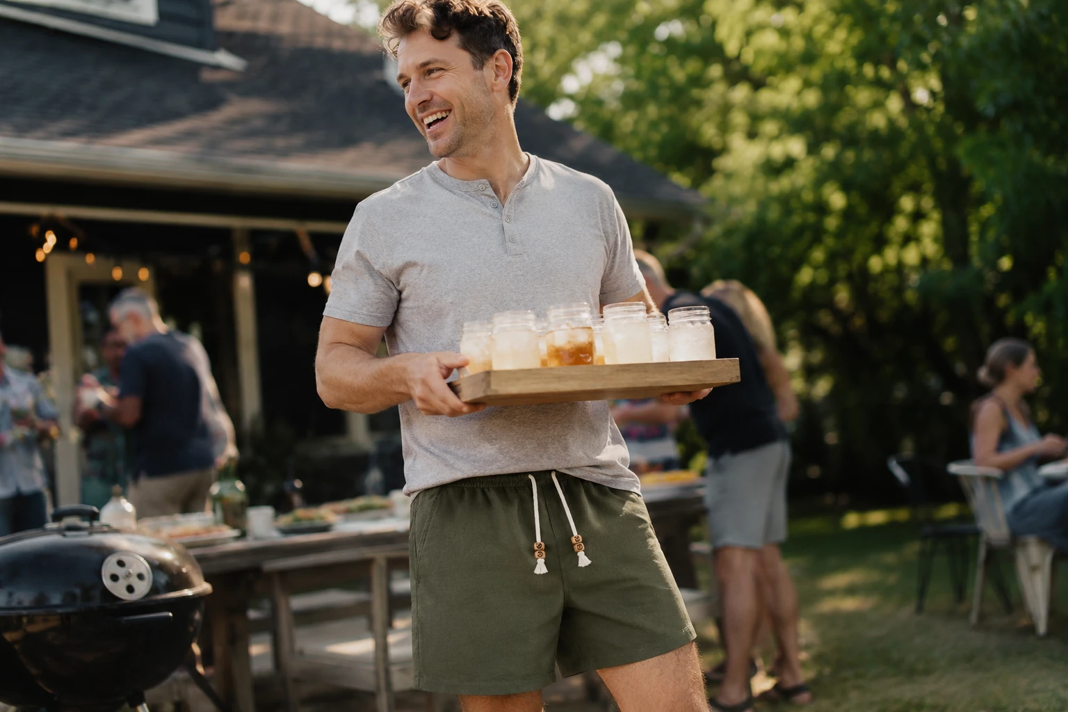Olive Green shorts at a backyard gathering