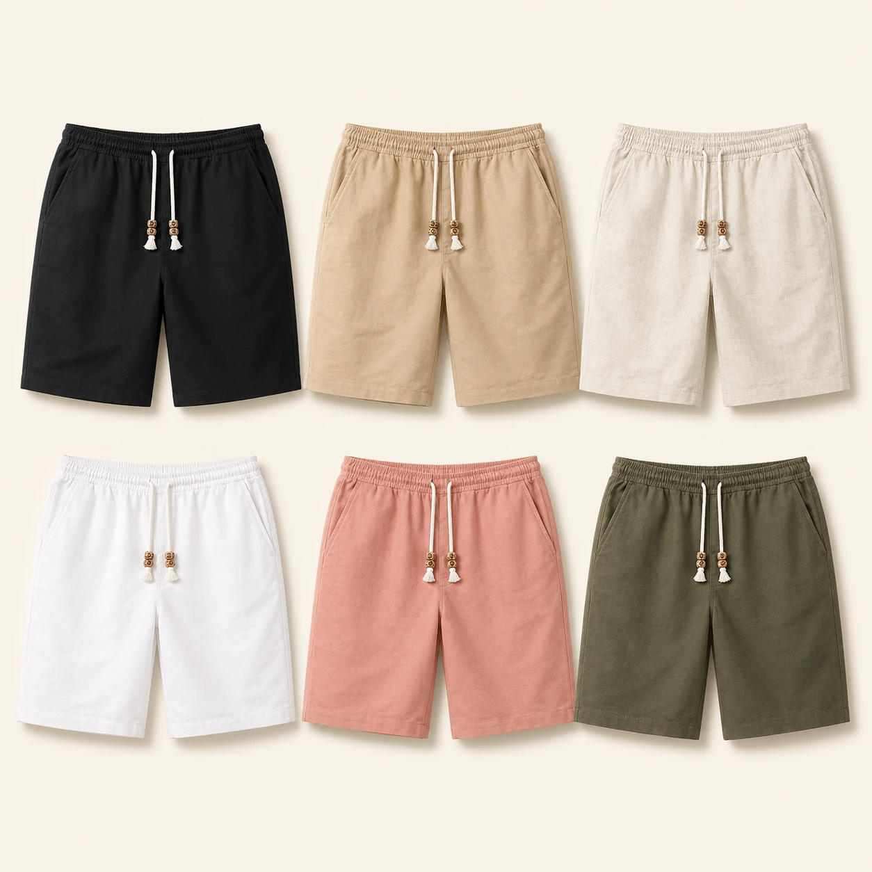 Six colors of men's cotton linen drawstring shorts