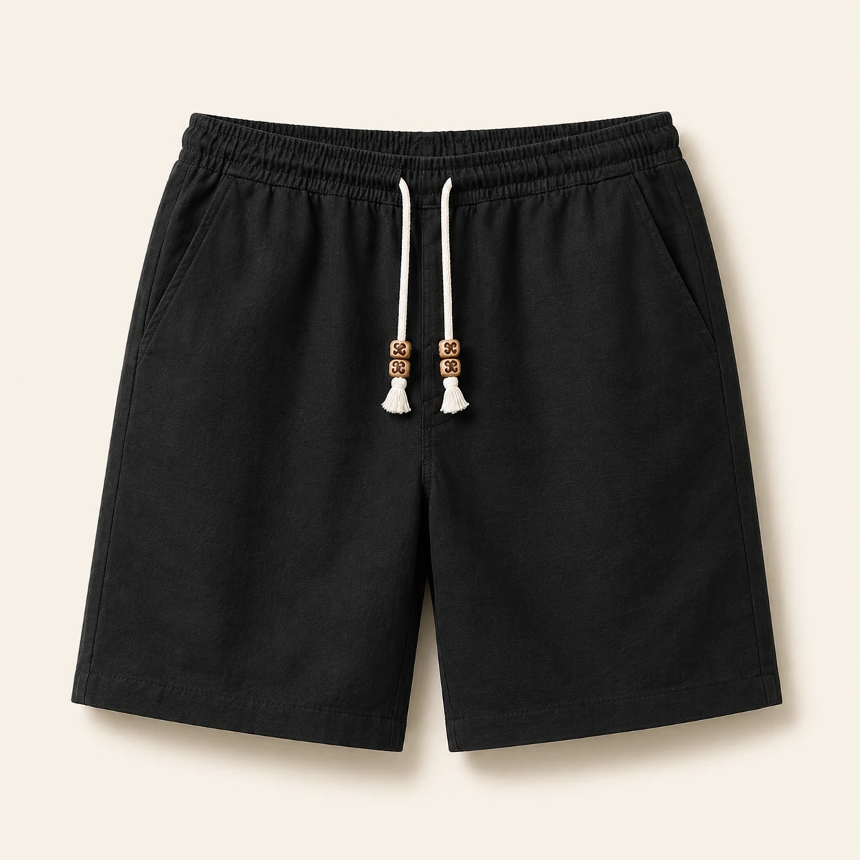 Black cotton linen drawstring shorts