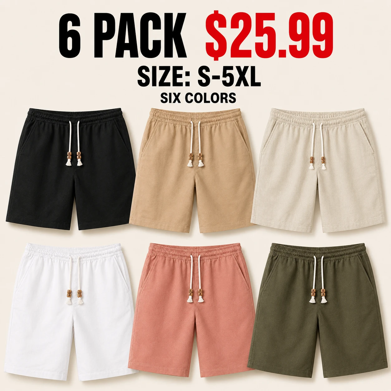 Six-pack shorts in six colors