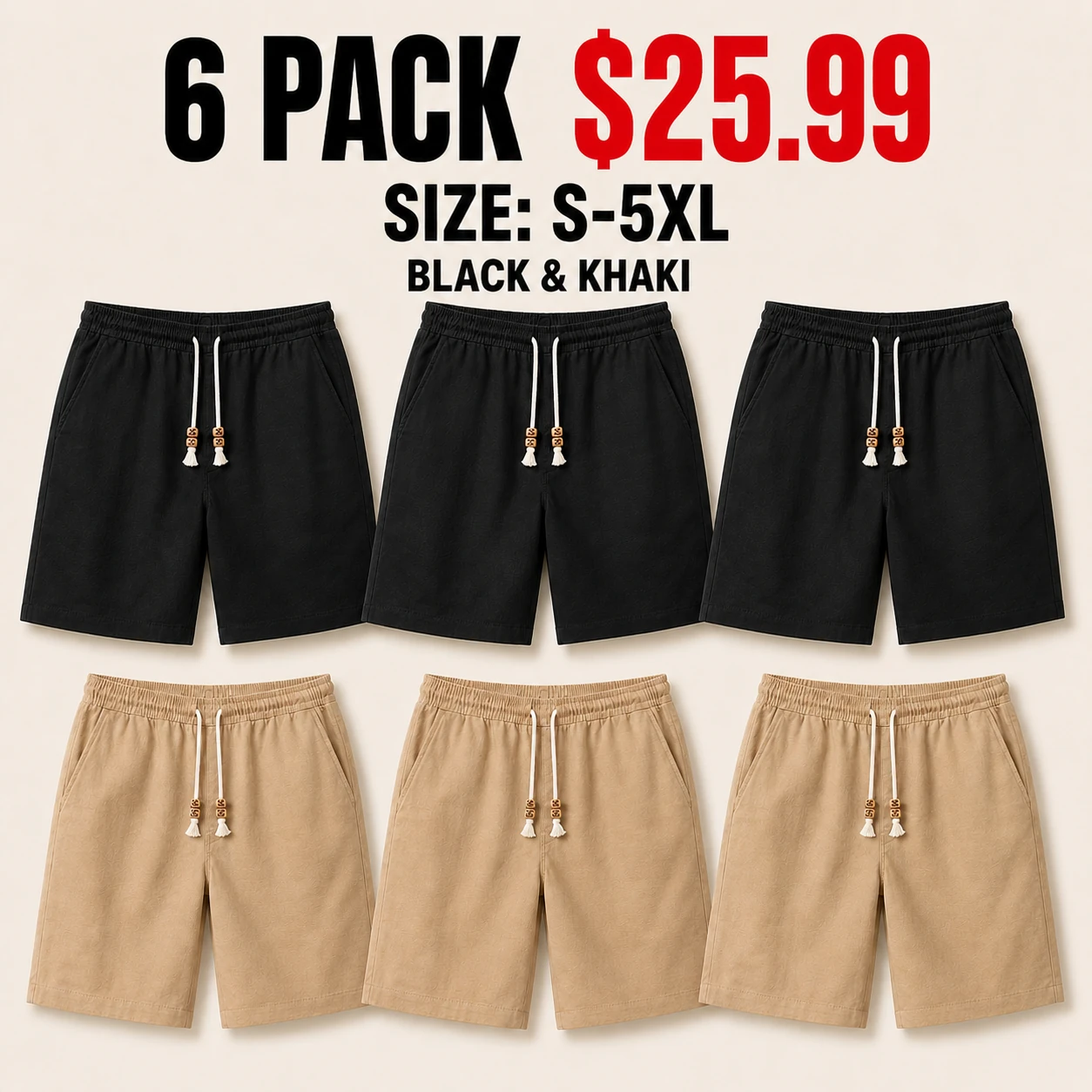 Six-pack Black and Khaki shorts color mix