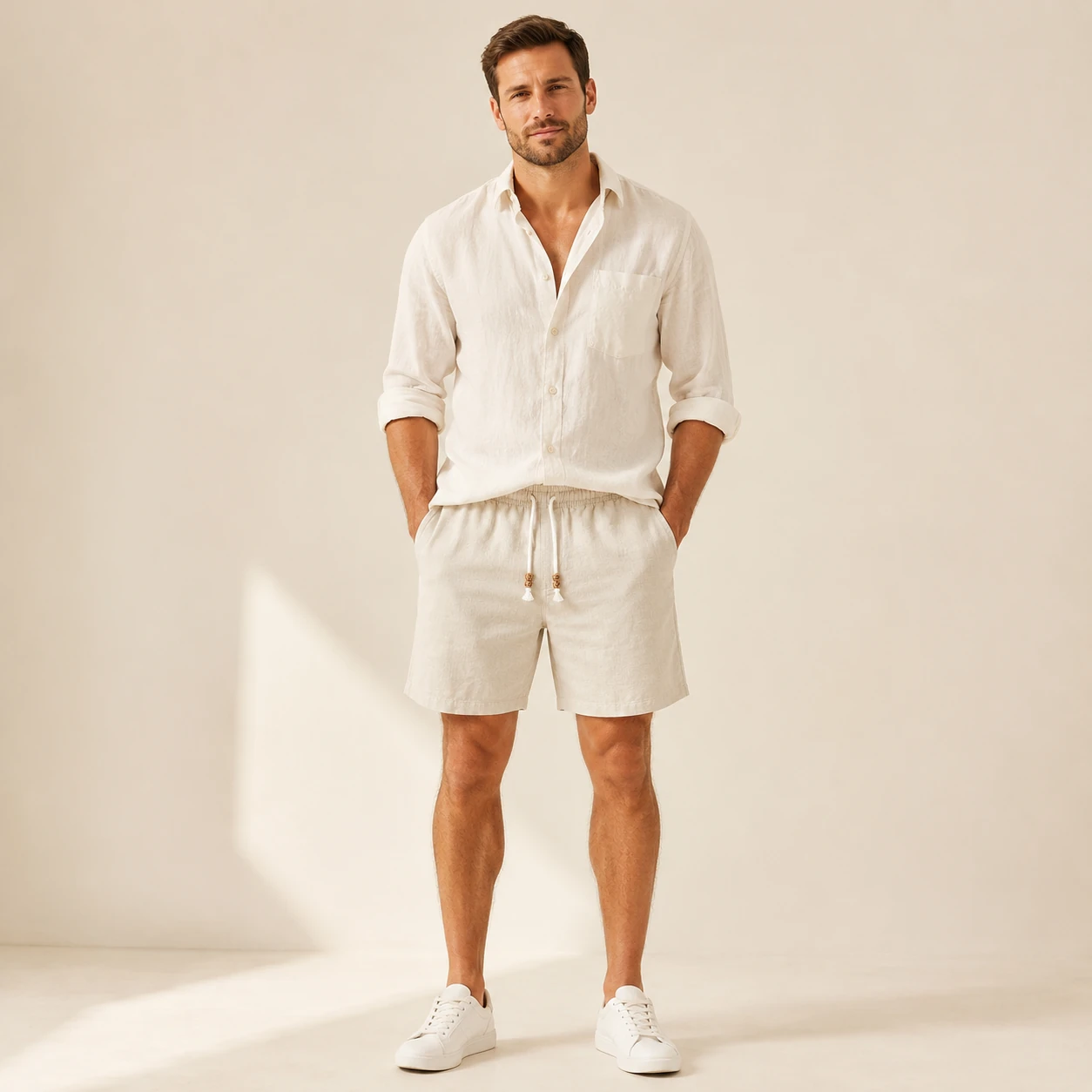 Front fit view of men's cotton linen shorts