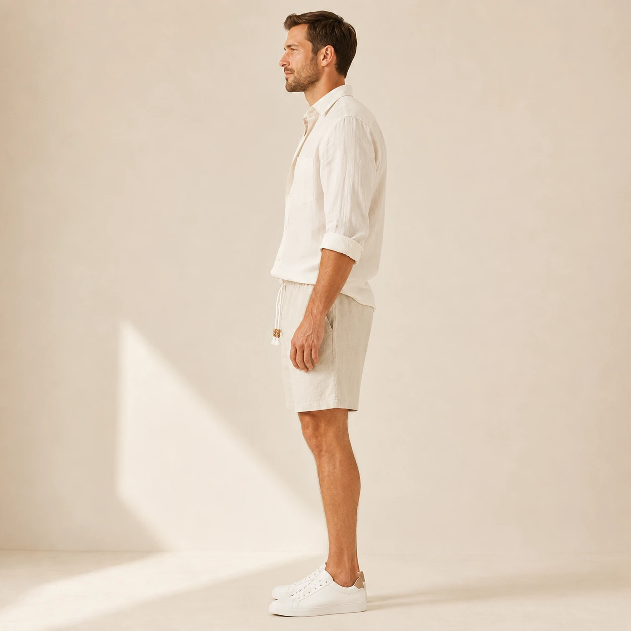 Side fit view of men's cotton linen shorts