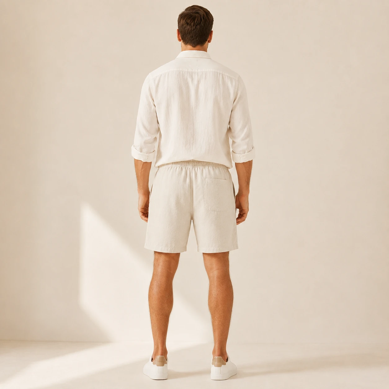 Back fit view of men's cotton linen shorts