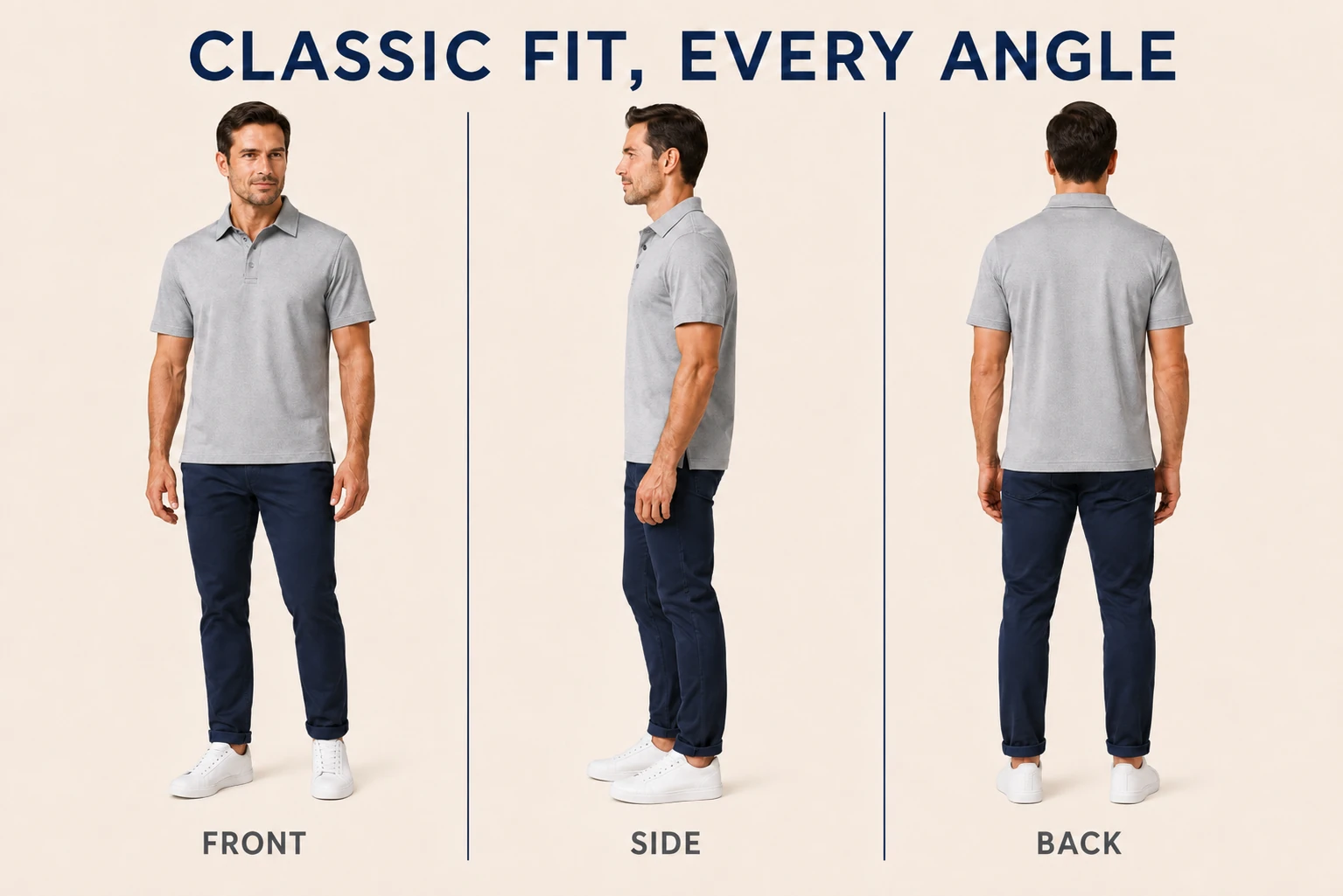 Front side and back fit views of the polo shirt