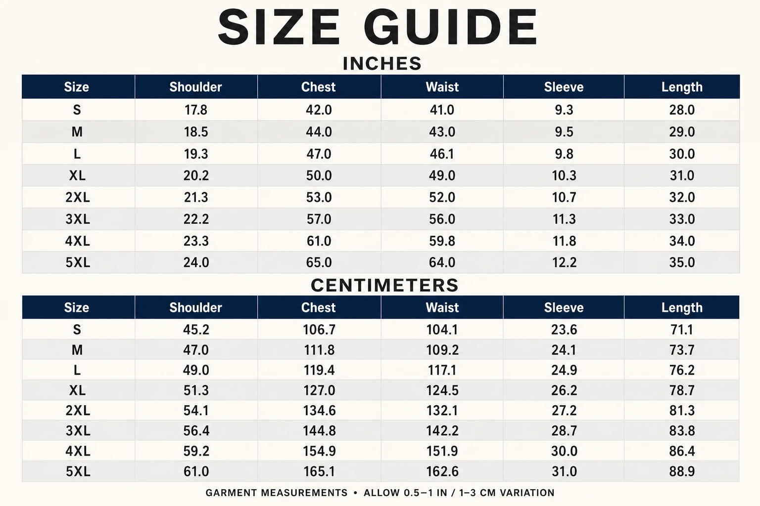 Men's polo shirt size chart from S to 5XL in inches and centimeters