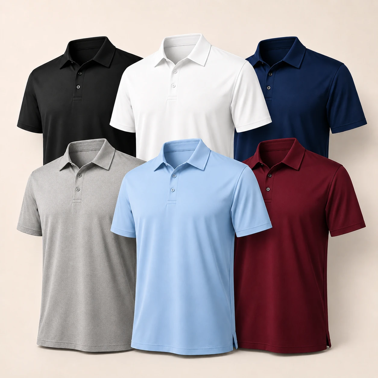 Six colors of men's classic fit performance polo shirts