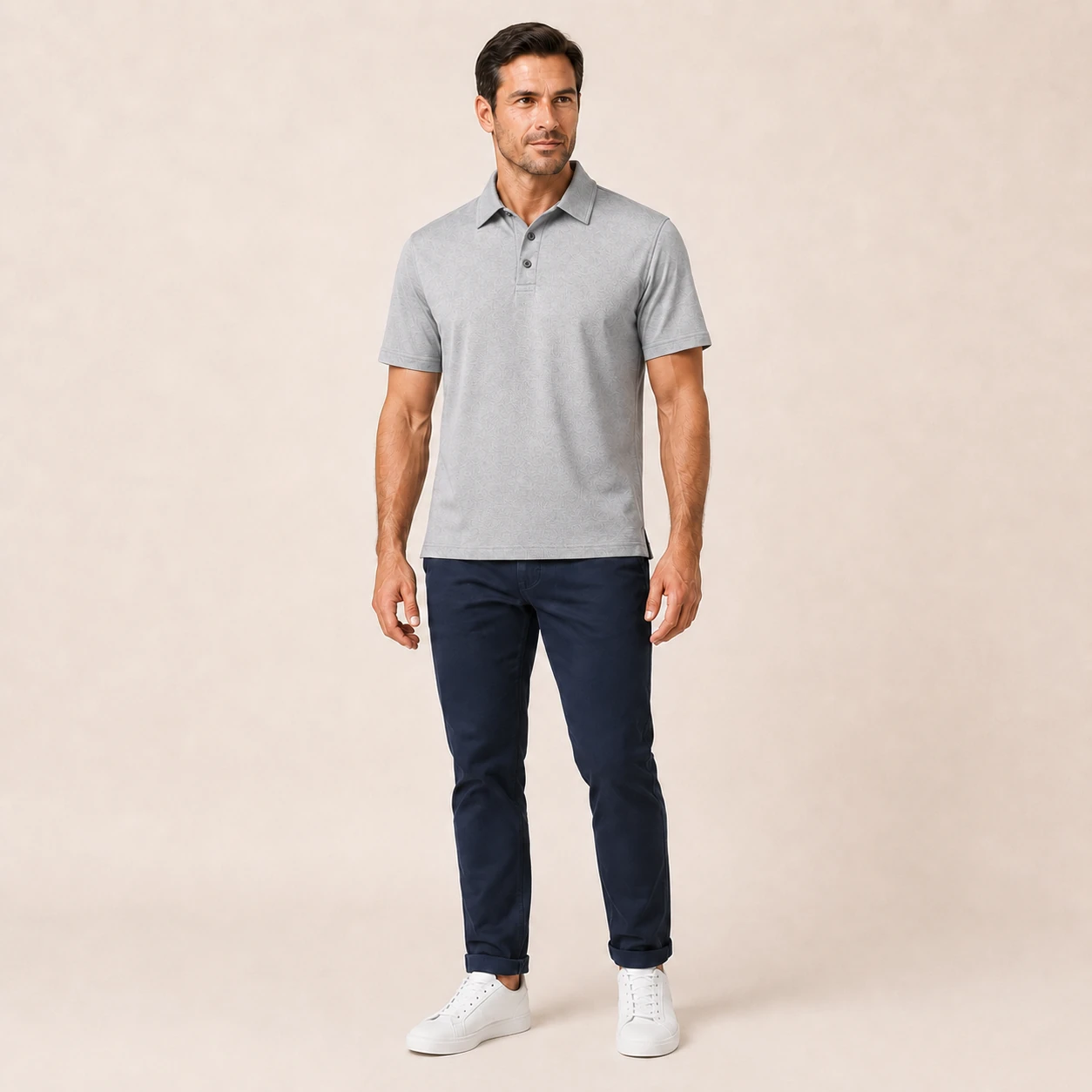 Front view of a model wearing the classic fit polo shirt