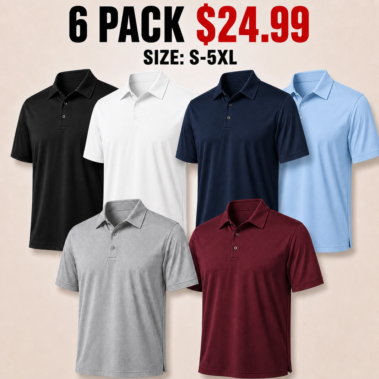 Six-pack polo shirt mix with Black, White, Navy, Heather Gray, Light Blue and Burgundy