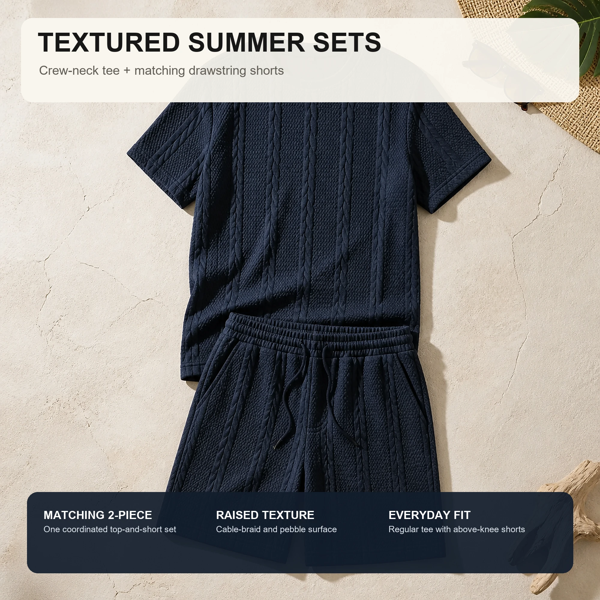 Men's cable-textured crew neck T-shirt and drawstring shorts set overview