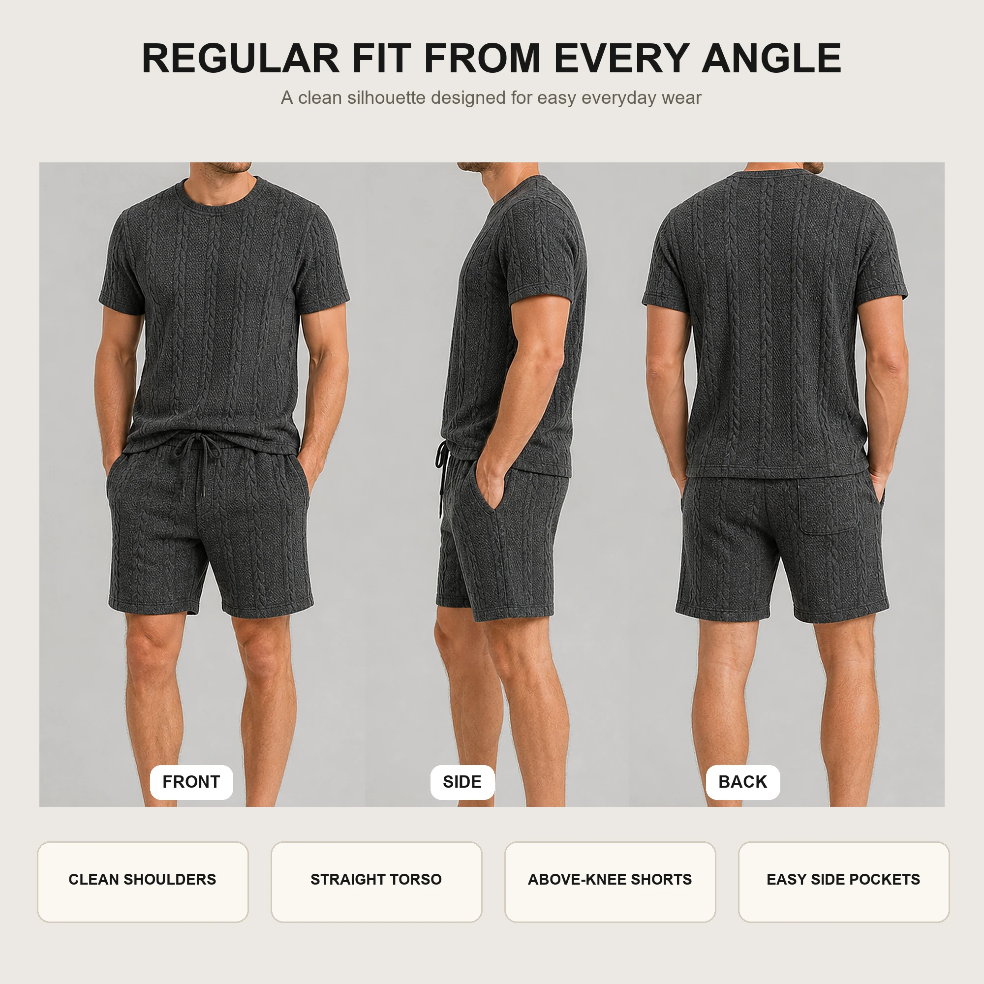 Regular-fit cable-textured T-shirt and shorts set