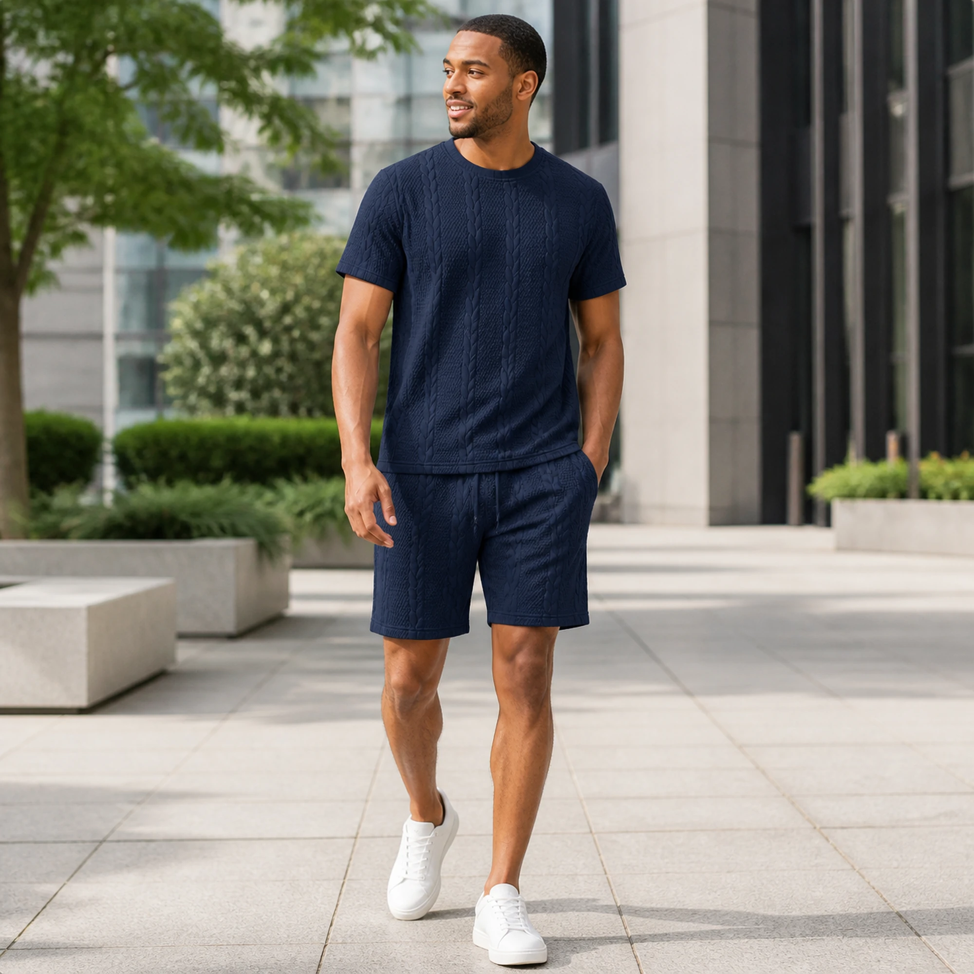 Cable-textured matching set in a city plaza
